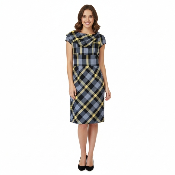 XS NWT Le Château Plaid Cowl Neck Pencil Sheath Dress Yellow Grey - Picture 1 of 11